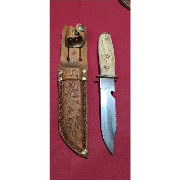 HAND MADE ANTLER/BONE HANDLE  - KNIFE - WITH HAND MADE SHEATH