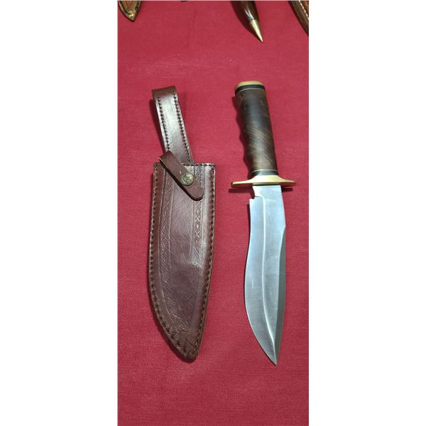 ASH 440C STEEL KNIFE WITH WALNUT HANDLE, BRASS GAURDS AND LEATHER SHEATH