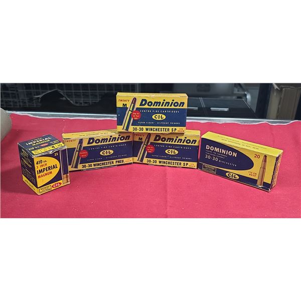 FOUR VINTAGE DOMINION .30-30 BOXES (EMPTY) AND ONE .410 EMPTY IMERIAL BOX