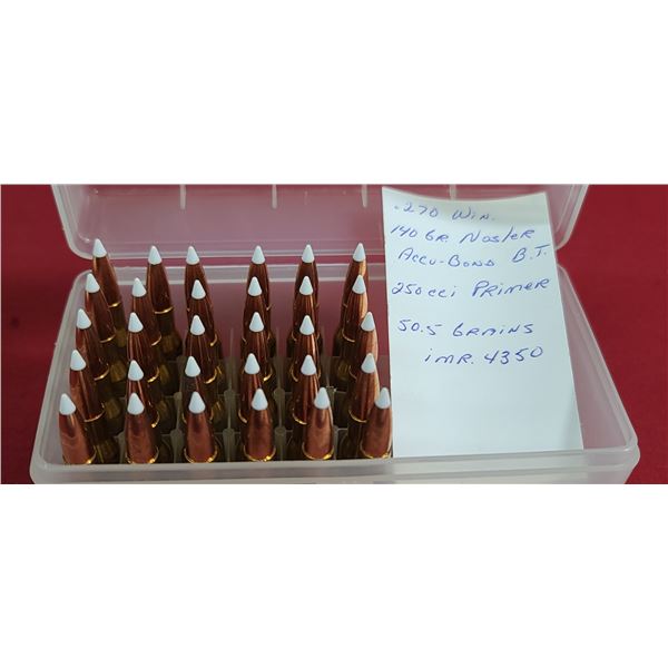 30 ROUNDS OF .270 WIN 140GR NOSLER ACCUBOND BT 250 CCI PRIMED 50.5 GRAINS OF IMR4350 LOADED BY ROSS'