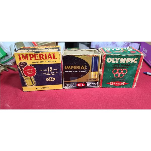 OLYMPIC 16GA LONG RANGE 2 3/4" GEVELOT - SOME CORROSION, 19 ROUNDS OF IMPERIAL 16GA 7 1/2 SHOT, PLUS