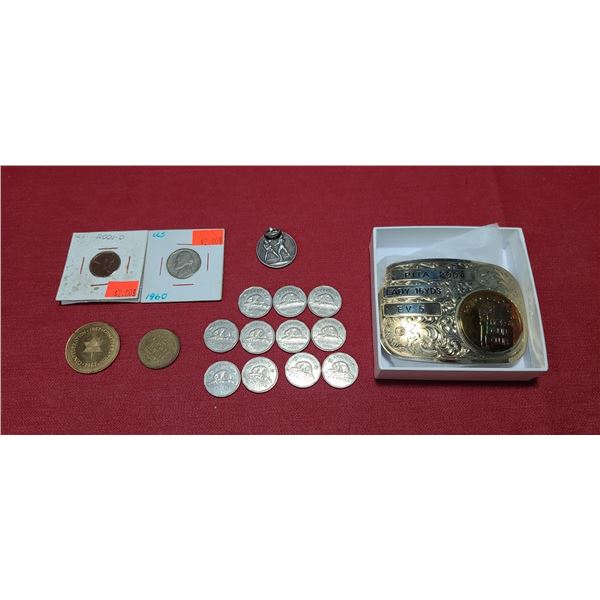 ASSORTED: 11 N962 NICKELS, BOXING MEDAL, TOKENS AND PRINCE GEORGE GUN CLUB PITA 2004 BELT BUCKLE
