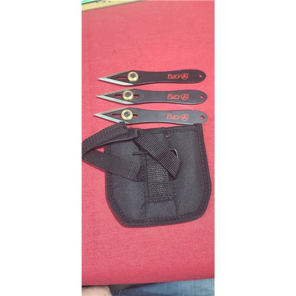 THREE FURY THROWING KNIVES IN SHEATH - KNIVES HAVE ADJUSTABLE WEIGHTS FOR VARIABLE SPIN
