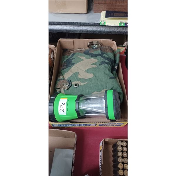 CAMPING LANTERN, MILITARY LARGE SHIRT AND DUFFEL BAG