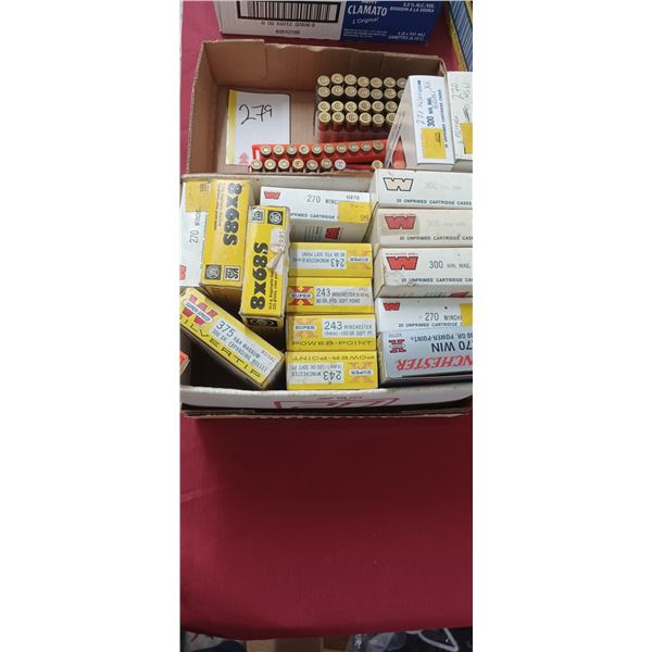 ASSORTED 243, 7MM MAG AND 270 WSW BRASS AND EMPTY AMMO BOXES