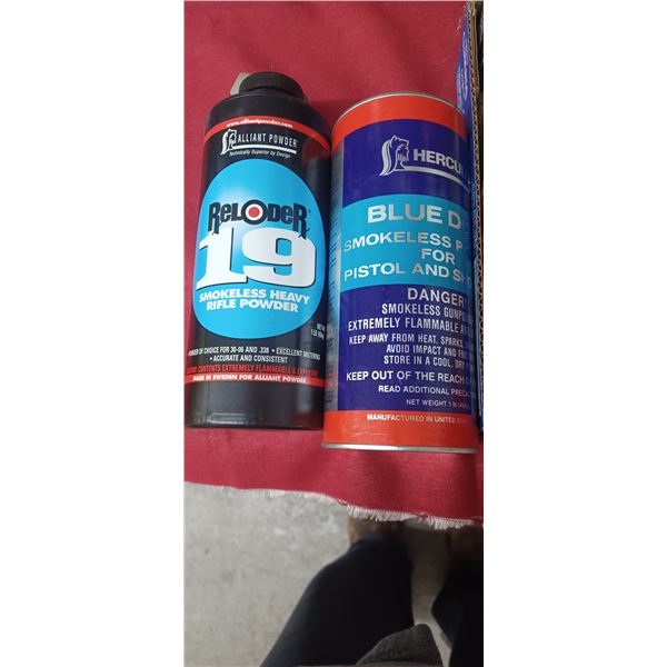 FULL CAN OF ALLIANT 19 POWDER AND 20% CAN OF HERCULES BLUE DOT POWDER NO SHIPPING