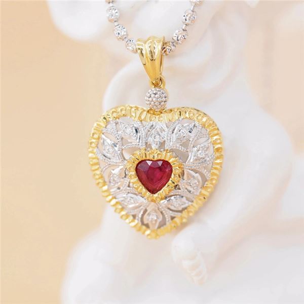 18K Gold Heart-Shaped Ruby Filigree Pendant