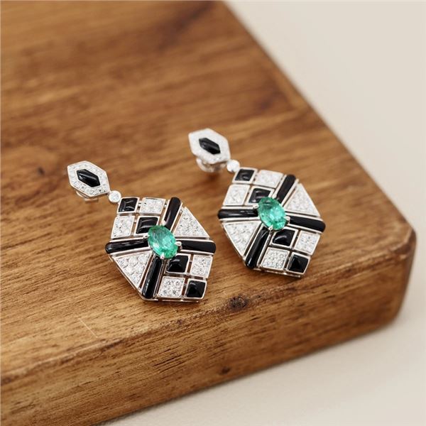 18K Gold Emerald and Diamond Earrings