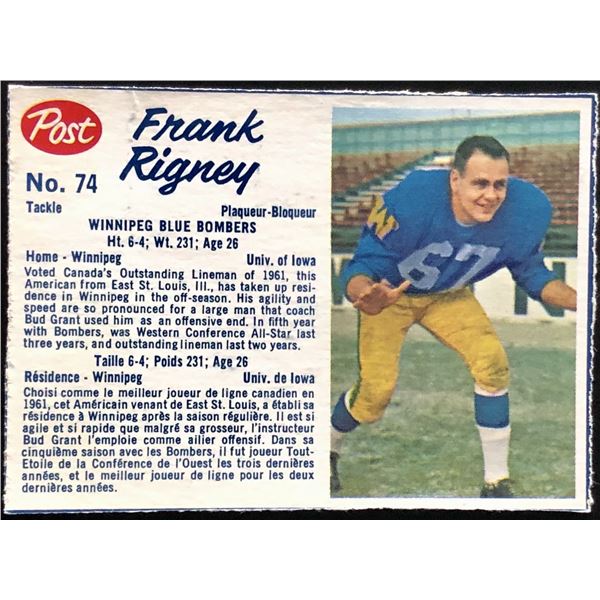 1962 POST CEREAL CFL FRANK RIGNEY (HOF)