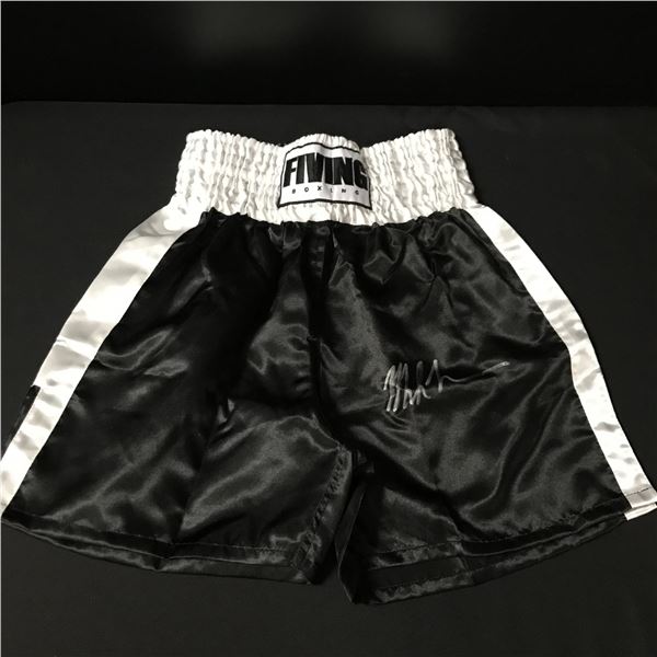 MIKE TYSON SIGNED BLACK BOXING SHORTS - WWOC COA