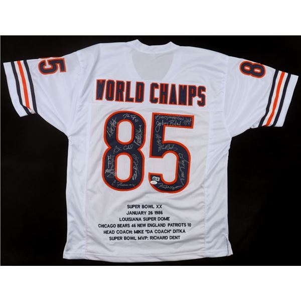 CHICAGO BEARS SUPERBOWL CHAMPS MULTI SIGNED STAT JERSEY (BECKETT AND JSA COA)