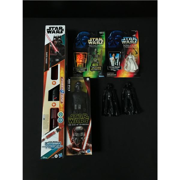 LOT OF STAR WARS ACTION FIGURES AND LIGHTSABERS IN ORIGINAL PACKAGING