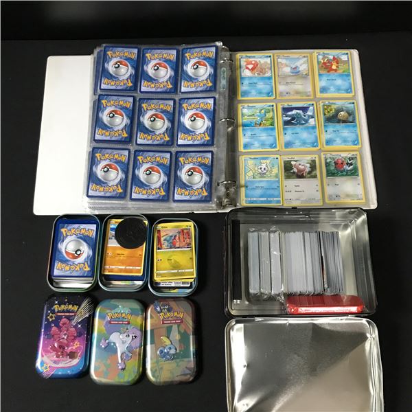 LOT OF POKEMON TCG TRADING CARDS INCLUDING 2 BINDERS AND 6 TINS