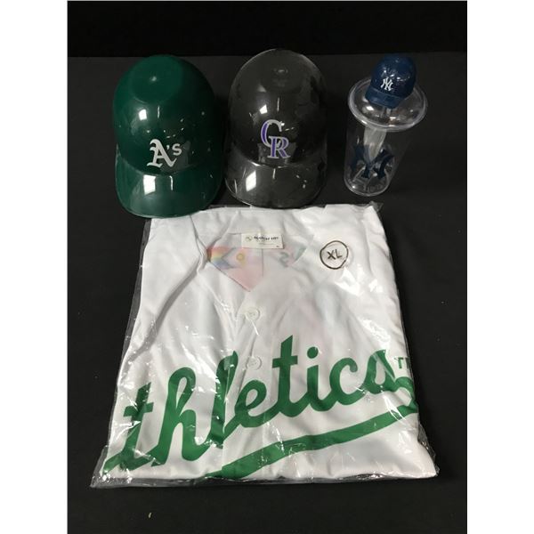 LOT OF OAKLAND ATHLETICS MEMORABILIA INCLUDING HELMETS AND A JERSEY