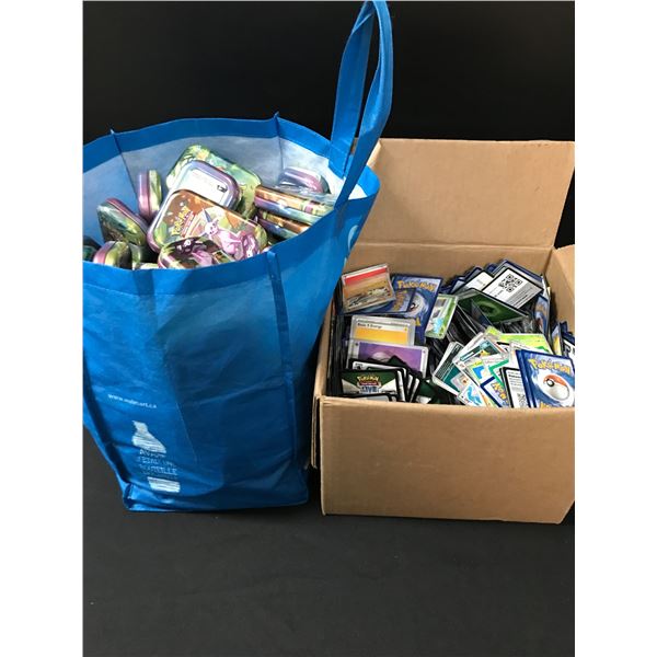 1 BAG OF POKEMON TINS AND 1 CARDBOARD BOX OF LOOSE POKEMON CARDS