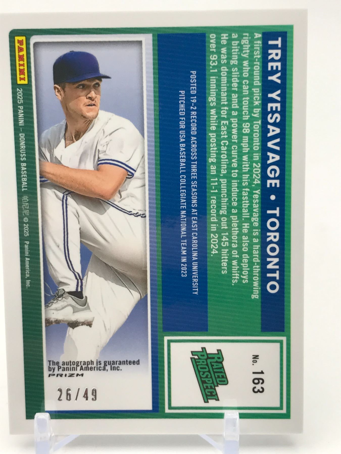 2025 DONRUSS OPTIC TREY YESAVAGE SIGNED ROOKIE CARD 26/49