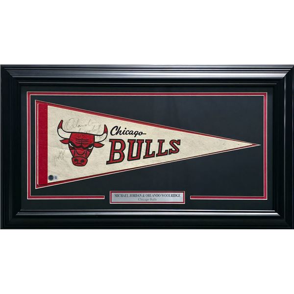 MICHAEL JORDAN AND ORLANDO WOOLRIDGE SIGNED AND FRAMED CHICAGO BULLS PENANT - BECKETT COA