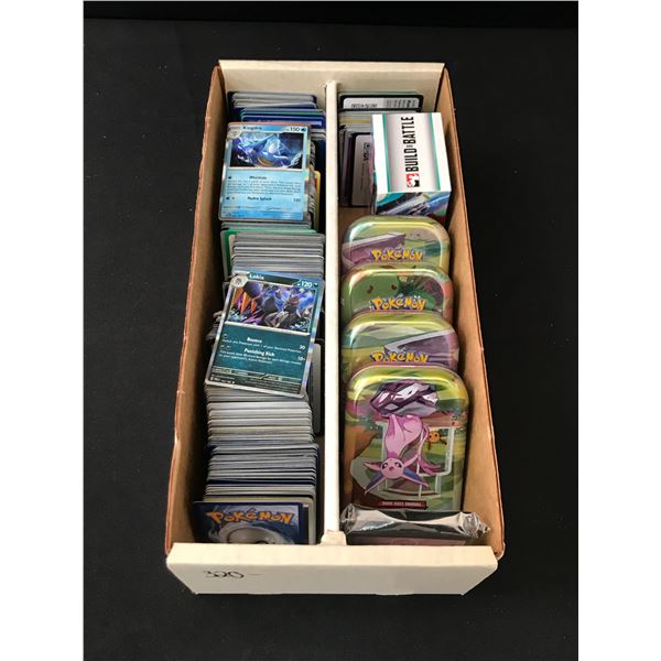 BOX OF LOOSE POKEMON TCG TRADING CARDS AND SOME POKEMON TINS