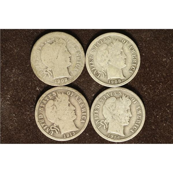 4-SILVER BARBER DIMES: 1902-O, 1908-O, 13 & 1914