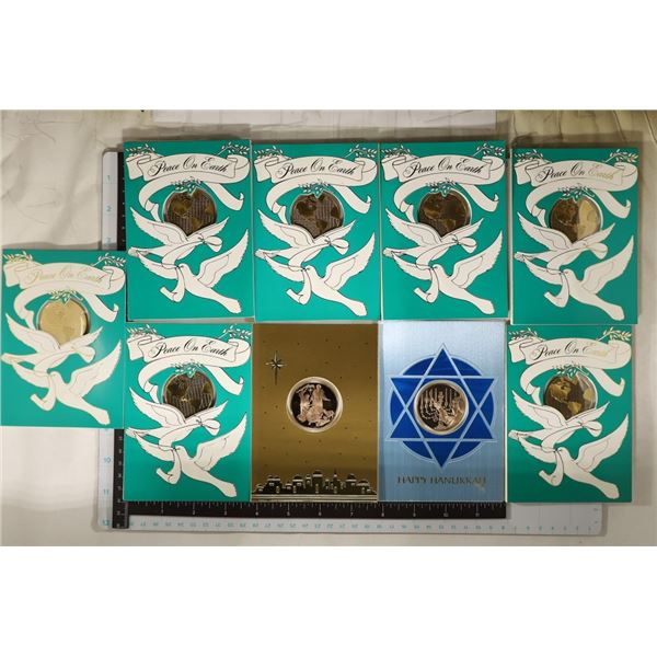 9 FRANKLIN MINT HOLIDAY CARDS WITH MEDALLIONS