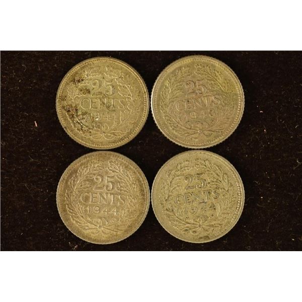 1941, 43 & 2-1944 NETHERLANDS SILVER 25 CENTS