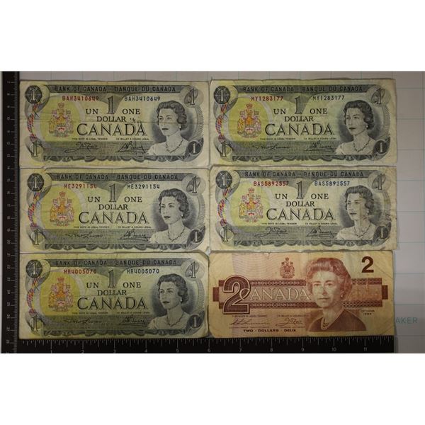 $7 FACE VALUE CANADA CURRENCY: 5-1973 $1'S & ONE