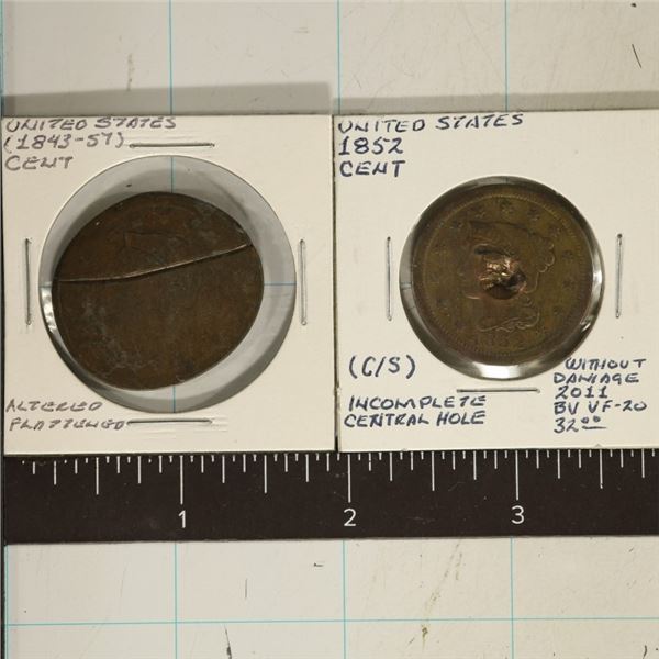 2 ALTERED US LARGE CENTS:1852 CENTER PUNCH MARK