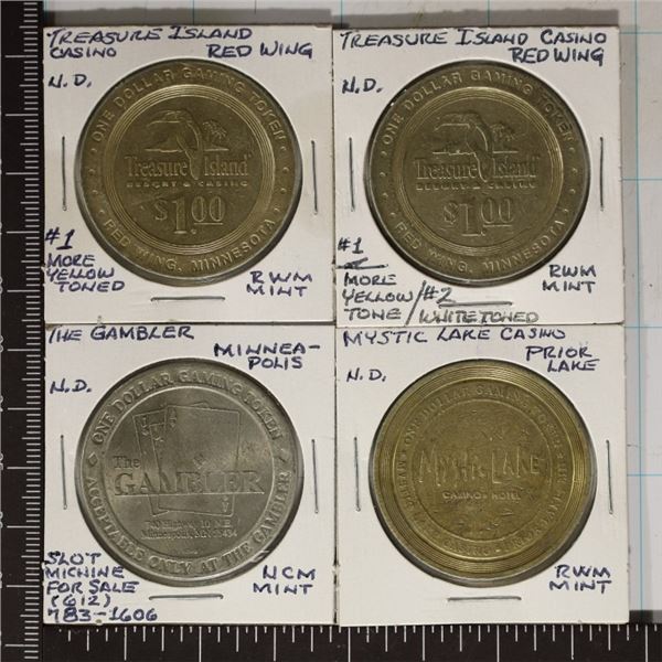 4-$1 CASINO CHIPS:2- TREASURE ISLAND REDWING,
