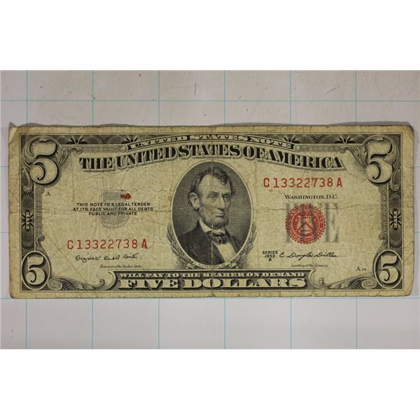 1953-B US $5 RED SEAL NOTE CIRCULATED