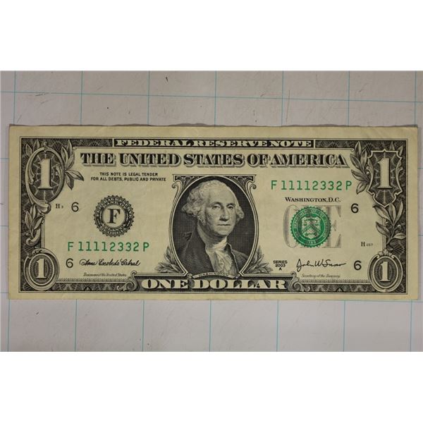 FANCY SERIAL # 2003-A  F11112332P US $1 FRN AU