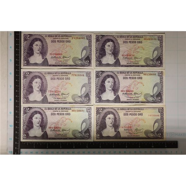 6-1970'S BOGOTA, COLUMBIA 2 PESO BILLS XF-UNC: