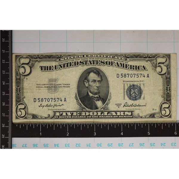 1953-A $5 SILVER CERTIFICATE BLUE SEAL SLIGHT