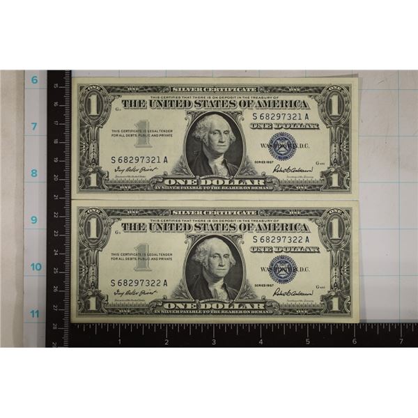 2-CU 1957 $1 SILVER CERTS WITH CONSECUTIVE SERIALS