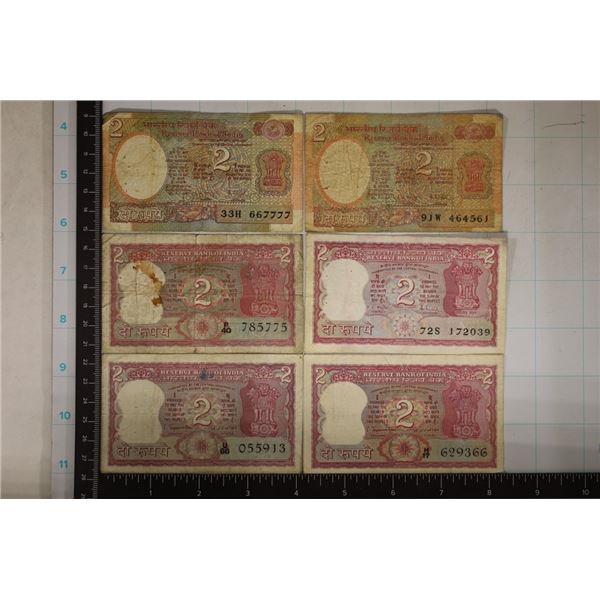 6-INDIA 2 RUPEE BILLS ALL CIRCULATED