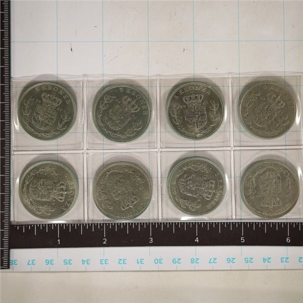 8 DENMARK UNC 5 KRONER COINS: 1960, 1961, 1962,