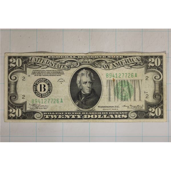 1934-A US $20 FRN GREEN SEAL NOTE SMALL STAIN
