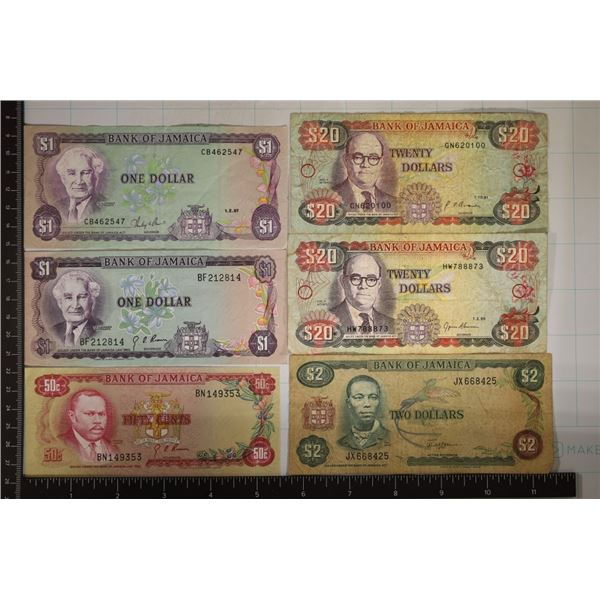 6-JAMAICA BILLS: 1-CU 1960- 50 CENT, 2-AU $1 BILLS