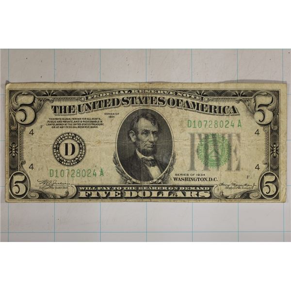 1934 US $5 GREEN SEAL FRN D10728024A