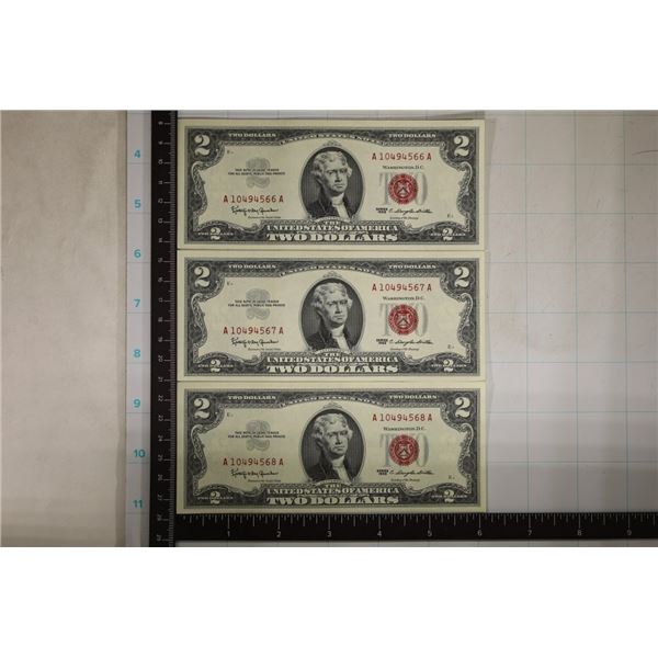 3-CU 1963 US $2 RED SEAL CONSECUTIVE SERIAL