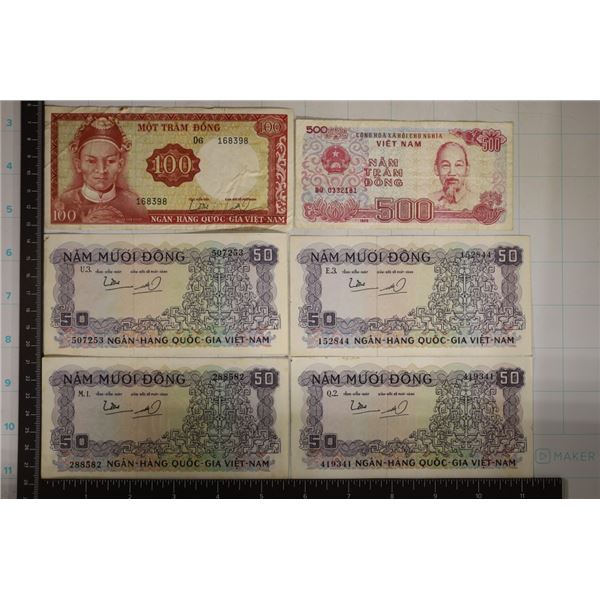 6-VIETNAM BILLS: 4-50 DONGS, 1-500 DONG & 1-100