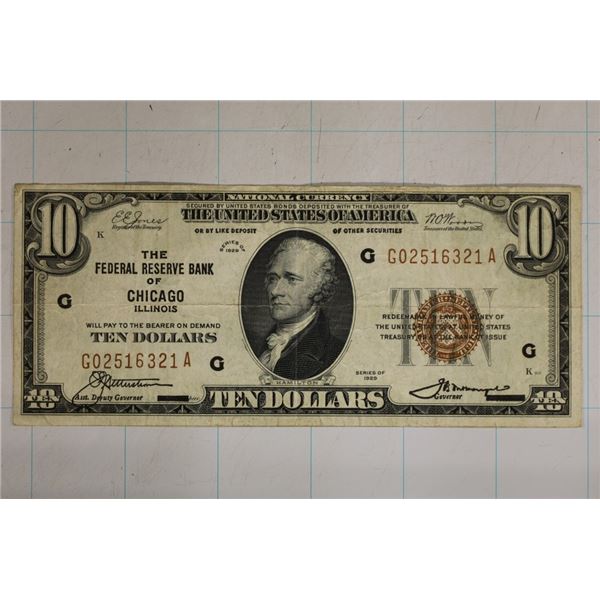 1929 US $10 NATIONAL CURRENCY OF CHICAGO