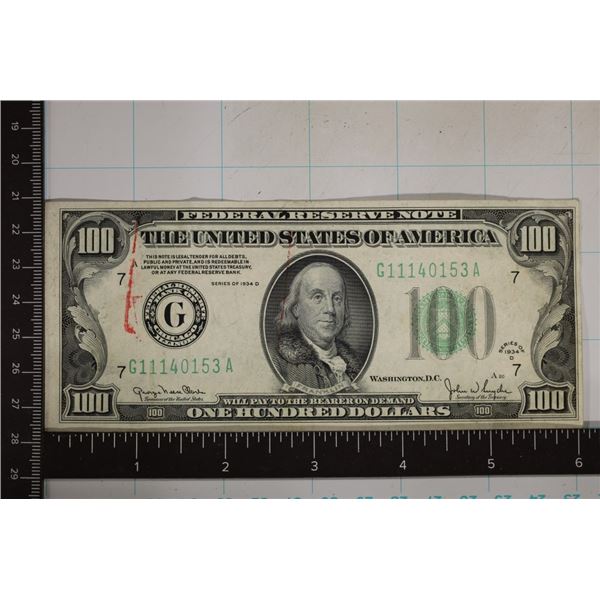 1934-D US $100 FRN CRISP UNC AU WITH RED INK ON