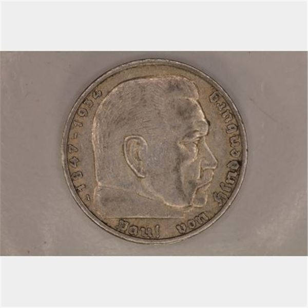 1936-A GERMAN SILVER 5 MARK .4016 OZ. ASW