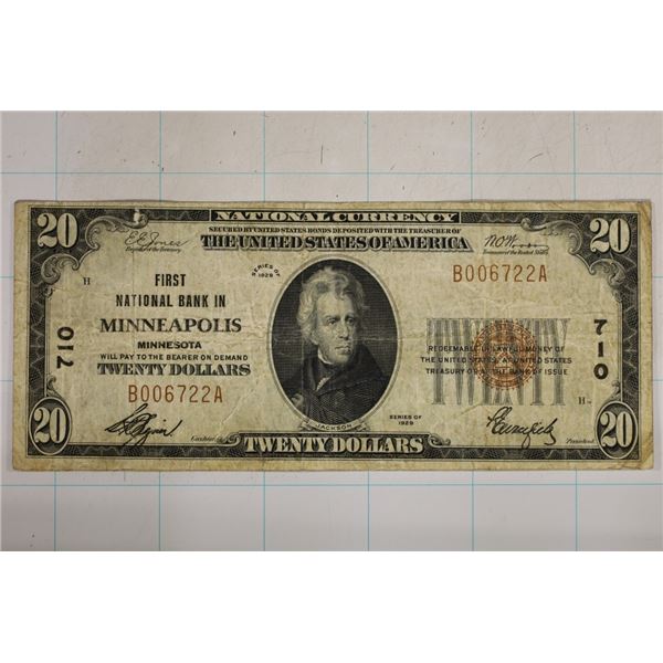 1929 US $20 NATIONAL CURRENCY OF MINNEAPOLIS