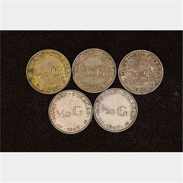 3-1944 & 2-1947 CURACAO SILVER 1/10 GULDEN COINS