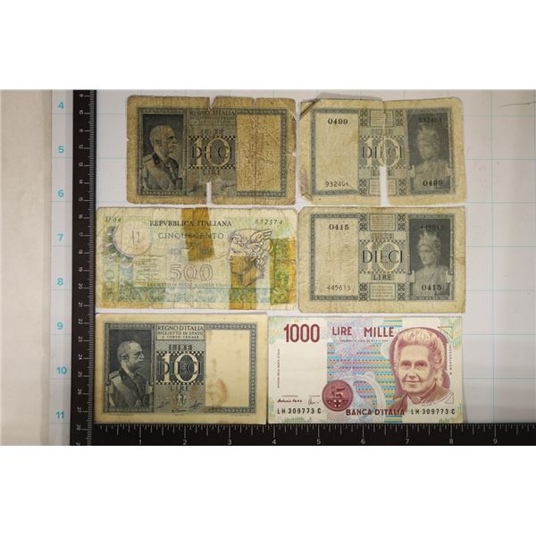 6-ITALIAN BILLS: 4-10 LIRE (3 TOUGHER), 1-500 LIRE