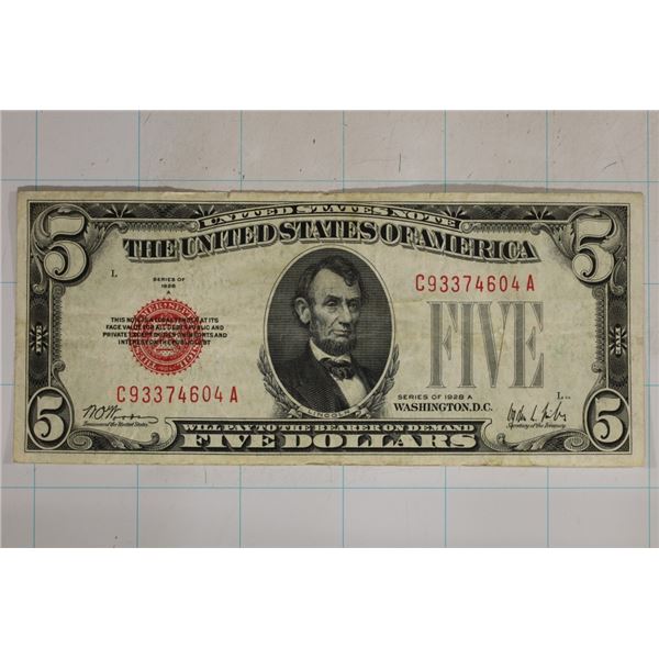 1928-A US $5 RED SEAL BILL C93374604A