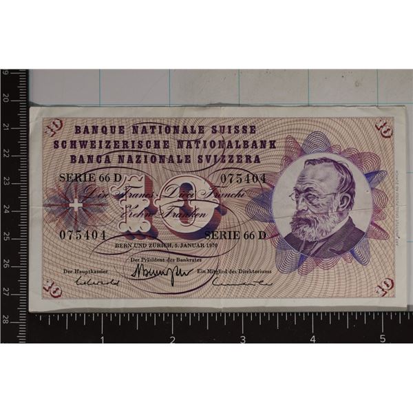1970 SWISS SERIES 66D 10 FRANC BILL CIRCULATED