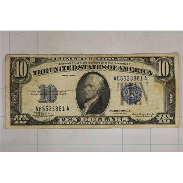 1934 US $10 SILVER CERTIFICATE A85523881A