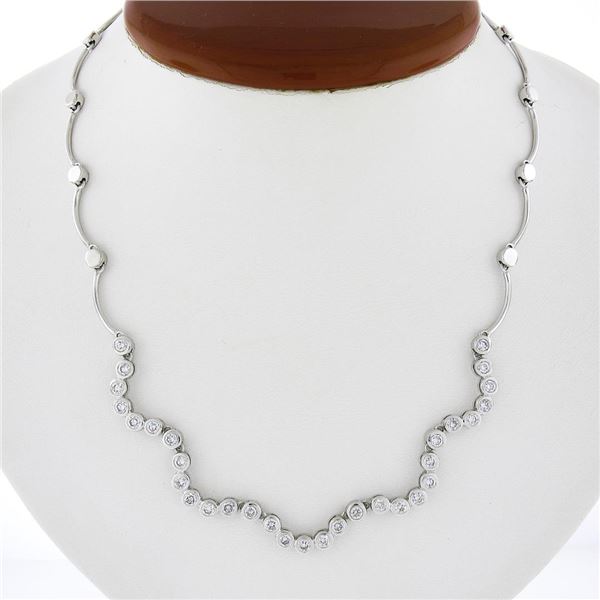 14K White Gold 16.5" 2.50 ctw Round Brilliant Bezel Diamond Wavy Link Necklace